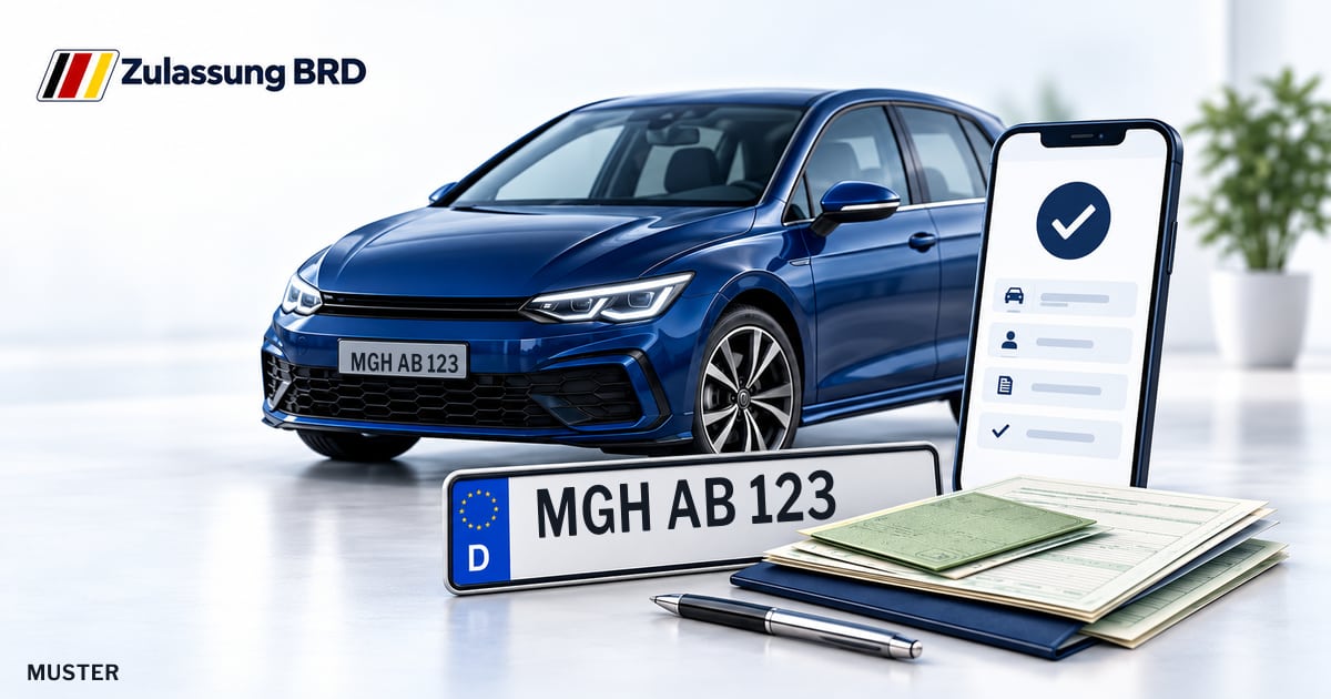 Online Fahrzeugzulassung in Lauda-Königshofen: Musterkennzeichen MGH AB 123, Auto und Fahrzeugpapiere und Smartphone. Illustration mit Logo von Zulassung BRD.